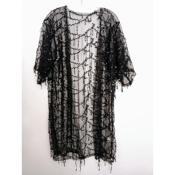 MICHELLE Sequins DUSTER Coverup One Size Fits Most BLACK Sparkle Shimmer Jacket - Picture 6 of 14
